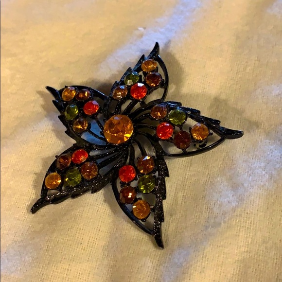 Vintage Retro Leaf w/Orange, Green & Gold Crystals - Picture 2 of 7